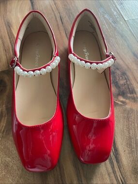 Red Patent Pearl-Trim Mary Jane Flats